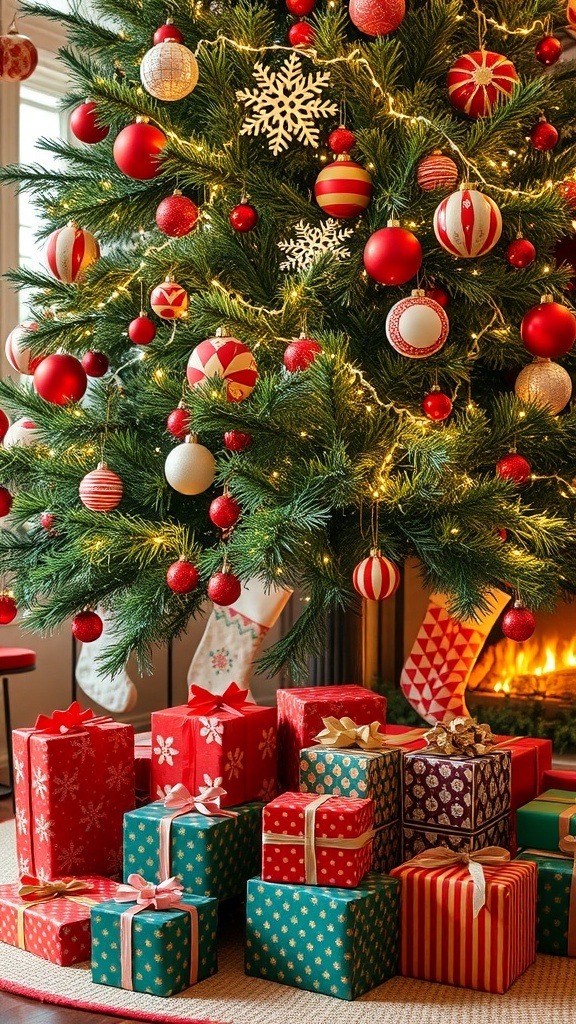 A decorated Christmas tree with gifts underneath, stockings by the fireplace, creating a festive atmosphere.